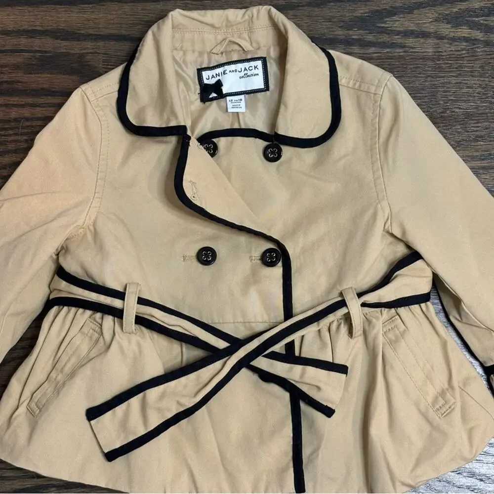 Janie and Jack Collection Tan Black Trim Belted Cotton Trench Coat 12-18 Months